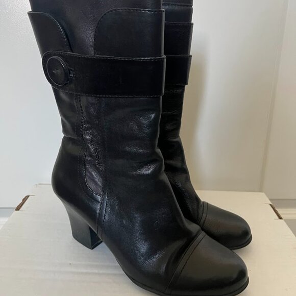 Born Black Crown Pratt Mid-Calf Block Heel Leather Side Zip Boots Size 8.5 - Picture 2 of 16